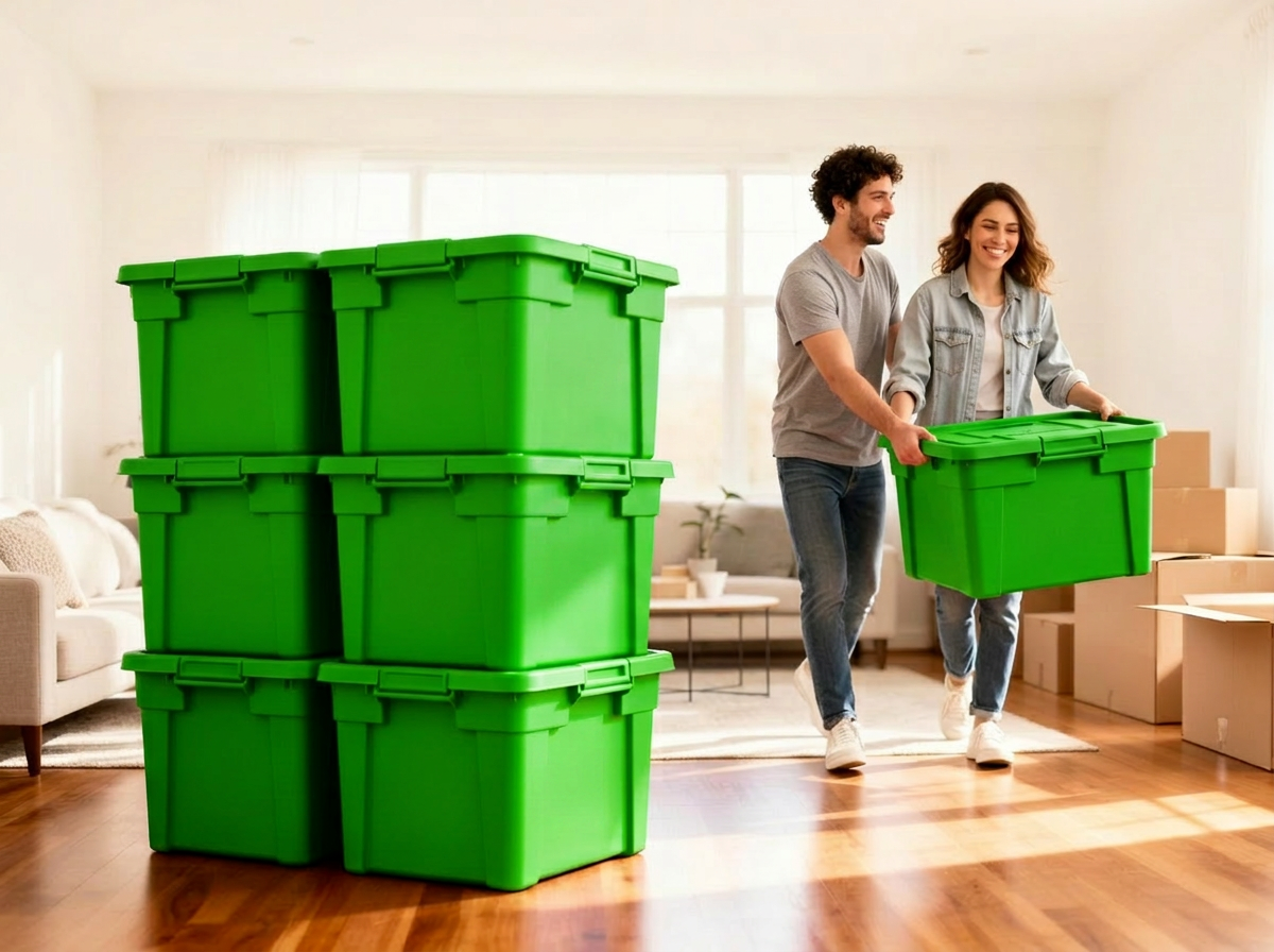 Stacked reusable moving totes with a couple mid-move